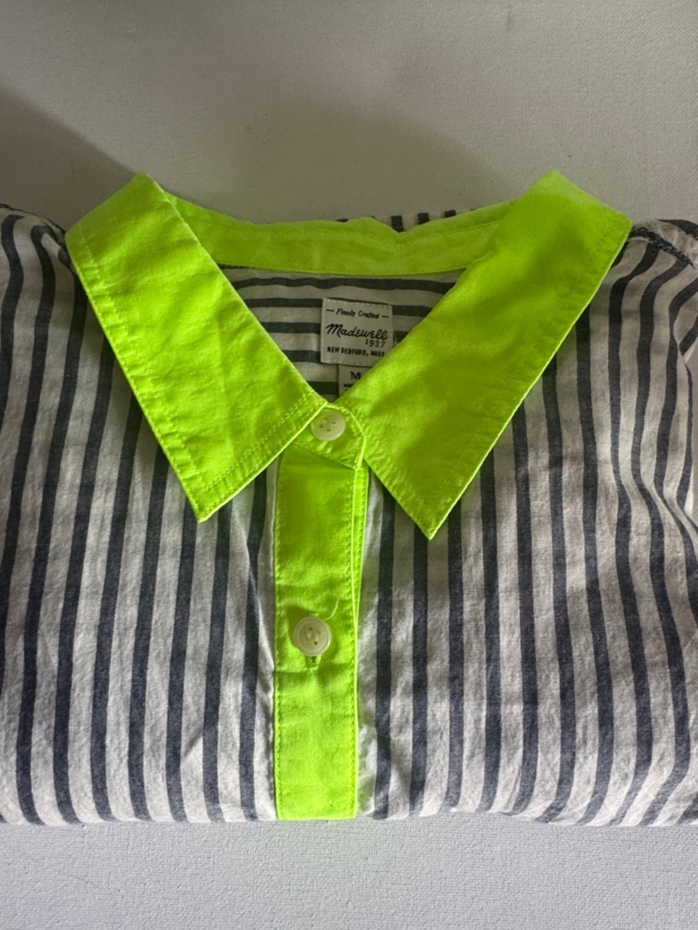 Madewell Black-and-White Striped Button-Down with Neon Yellow Trim